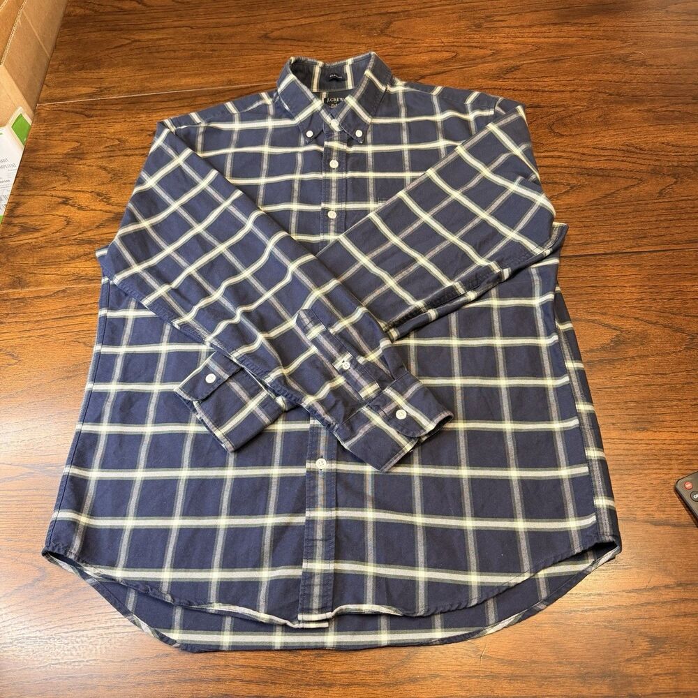 J.Crew Shirt Mens L Navy Blue Green Plaid Flex Oxford Classic Fit Button Down